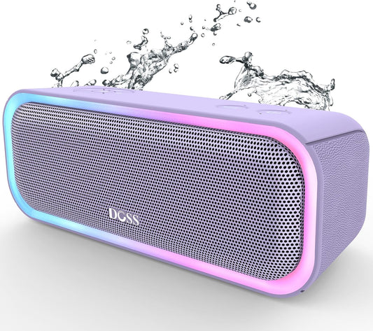 DOSS SoundBox Pro Bluetooth Speaker with 20W Stereo Sound, Active Extra Bass, IPX6 Waterproof, TWS Pairing, Multi-Colors Lights, 20H Playtime, Portable for Beach, Outdoor-Purple