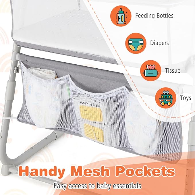 BABY JOY Bassinet, Bedside Crib w/Adjustable Height, Comfy Mattress, Full-Mesh Sides and Storage Pockets for Newborns Infants, Baby Bassinets Bedside Sleeper for Safe Co-Sleeping
