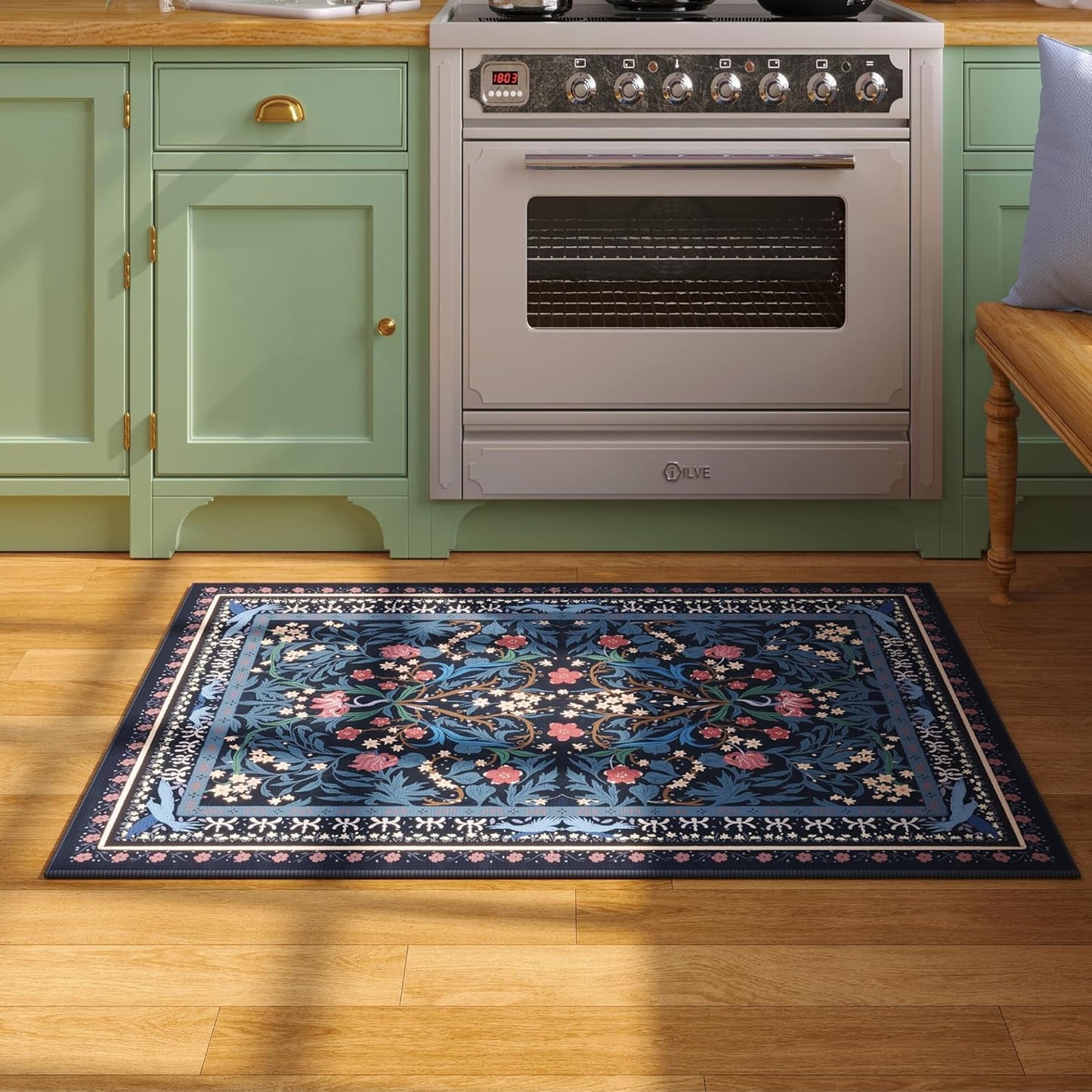 Door Mat Indoor Entrance 2x3 Rug Machine Washable Vintage Floral Botanical Small Area Rug Non-Slip Low Pile Throw Rugs for Entryway, Kitchen, Front Door Entrance, Entry, Kids Room, Blue