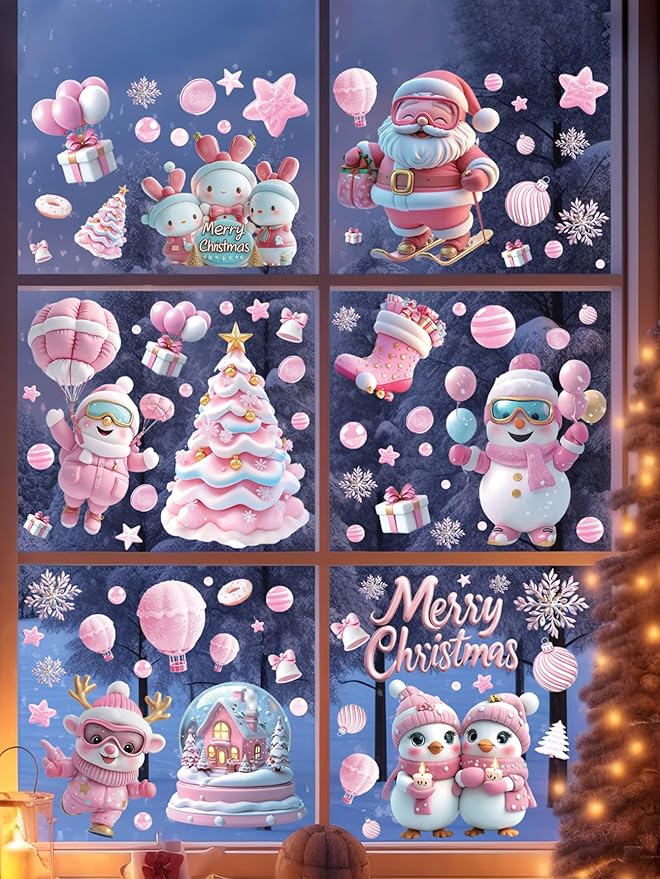 9 Sheet Christmas Pink Window Decorations - Merry Christmas Window Clings for Glass Windows, Santa Claus Snowflake Christma Windows Stickers Decals for Indoor Home Xmas Holiday Winter Party Decor