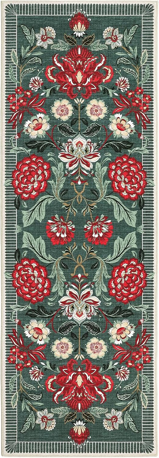 GarveeHome Floral Botanical 2x6 Washable Kitchen Runner Rugs Non Slip Grey Green Vintage Boho Cottage Long Rug for Hallways Bedroom Entryway Bathroom Mat with Rubber Back