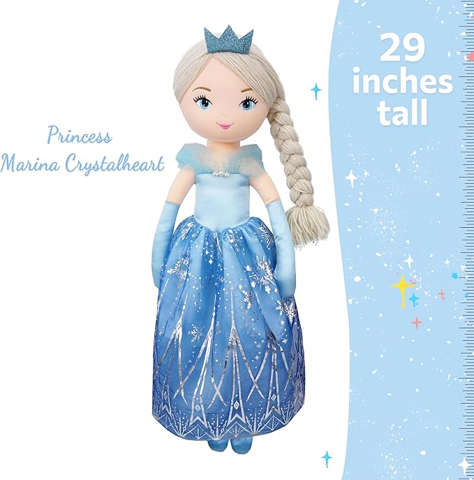 June Garden 30" XL Princess Marina Crystalheart Soft Rag Doll - Adorable Stuffed Life Size Doll Gift for Girls - Blue Dress