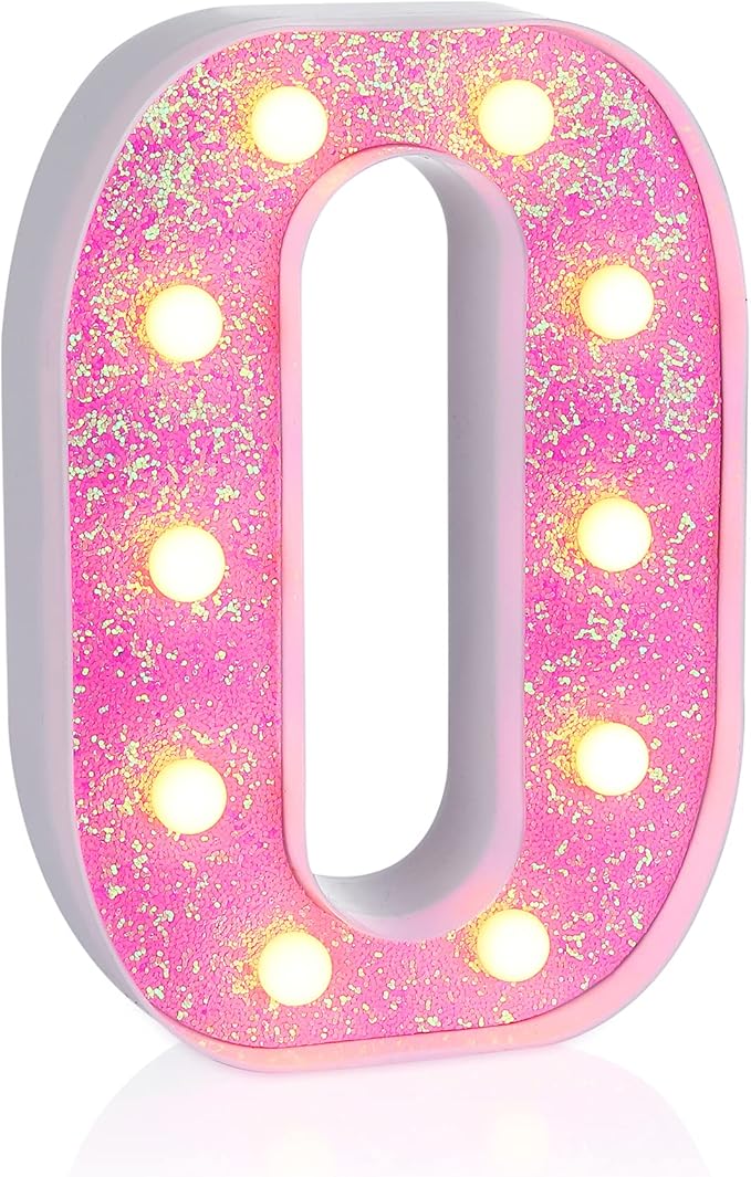 Foaky Pink Light up Letters，Pink Party Decorations,Girls Room Decor,Glitter Light Up Letters,Alphabet Letter Sign for Night Light Birthday Party Girls Gifts, Home Bar Decoration（O）