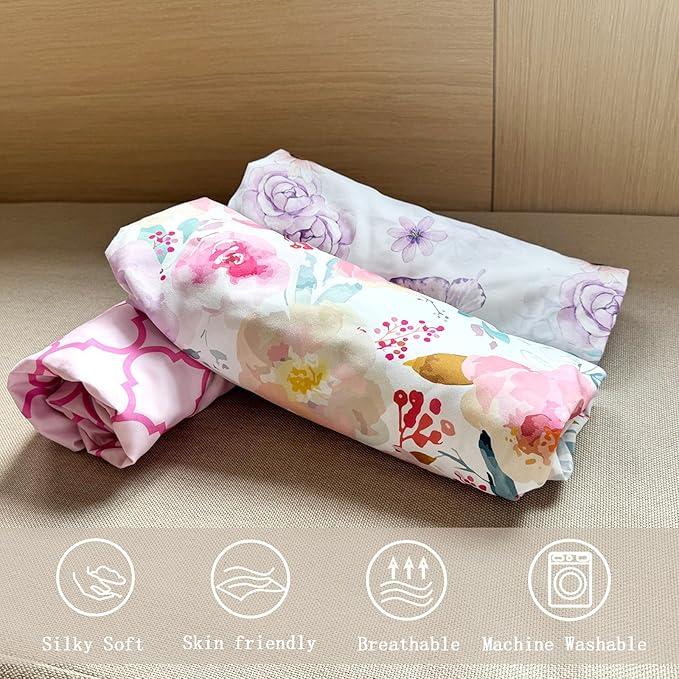 AMROSE 3 Pack Bassinet Sheets 33" x 20" Compatible with Mika Micky, Baby Delight, Dream On Me, AMKE and Other Rectangle Bassinet Mattress, Soft and Skin-Friendly, Happy Garden
