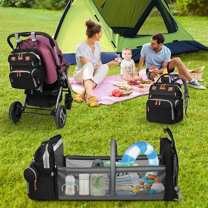 Baby Diaper Bags with Changing Station, Large Capacity Diaper Bag Backpack for Moms Dads with USB Charging Port,Travel Baby Bag with Pacifier Case & Stroller Straps(Up-Black)