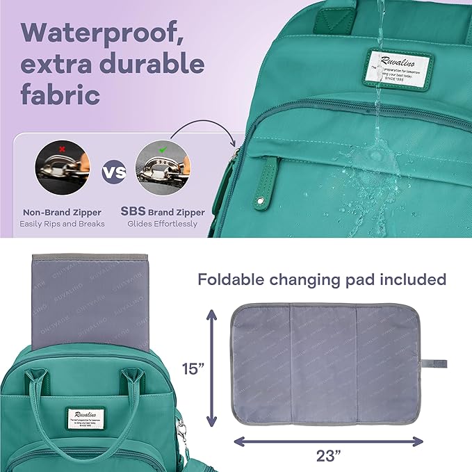 RUVALINO Diaper Bag Backpack-Multifunction Baby Travel Bag with Changing Pad, Insulated Bottle Holders & Pacifier Case, Large Capacity, Waterproof, Turquoise