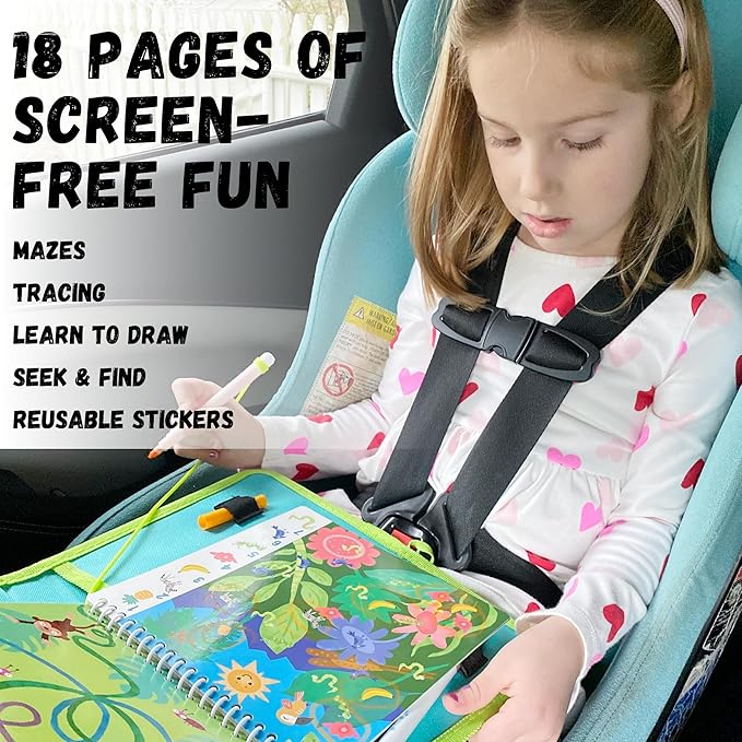 Totebook Kids Travel Educational Activity Book with Washable Markers - Car and Airplane Activities, Learning Toys for Toddlers- Reusable Stickers for Ages 4, 5, 6 (Jungle & Extra Princess Book)