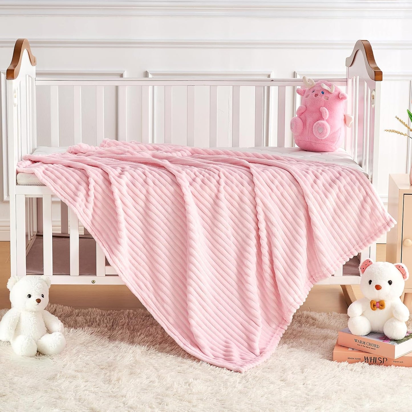Soft Fleece Baby Blanket Ultra Cozy Pink Baby Blankets for Girls Warm and Lightweight Infant Toddler Newborn Receiving Gift with Reversible Stripes for Crib Stroller, 30x40 Inch, Light Pink