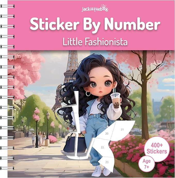 jackinthebox Sticker by Number Book, 12 Scenes Puzzle Paint by Sticker Book + Colouring Pages, Gifts for Birthday, Party Favor Toys for Girls, Arts & Crafts for Kids Age 7 8 9 10 - Little Fashionista