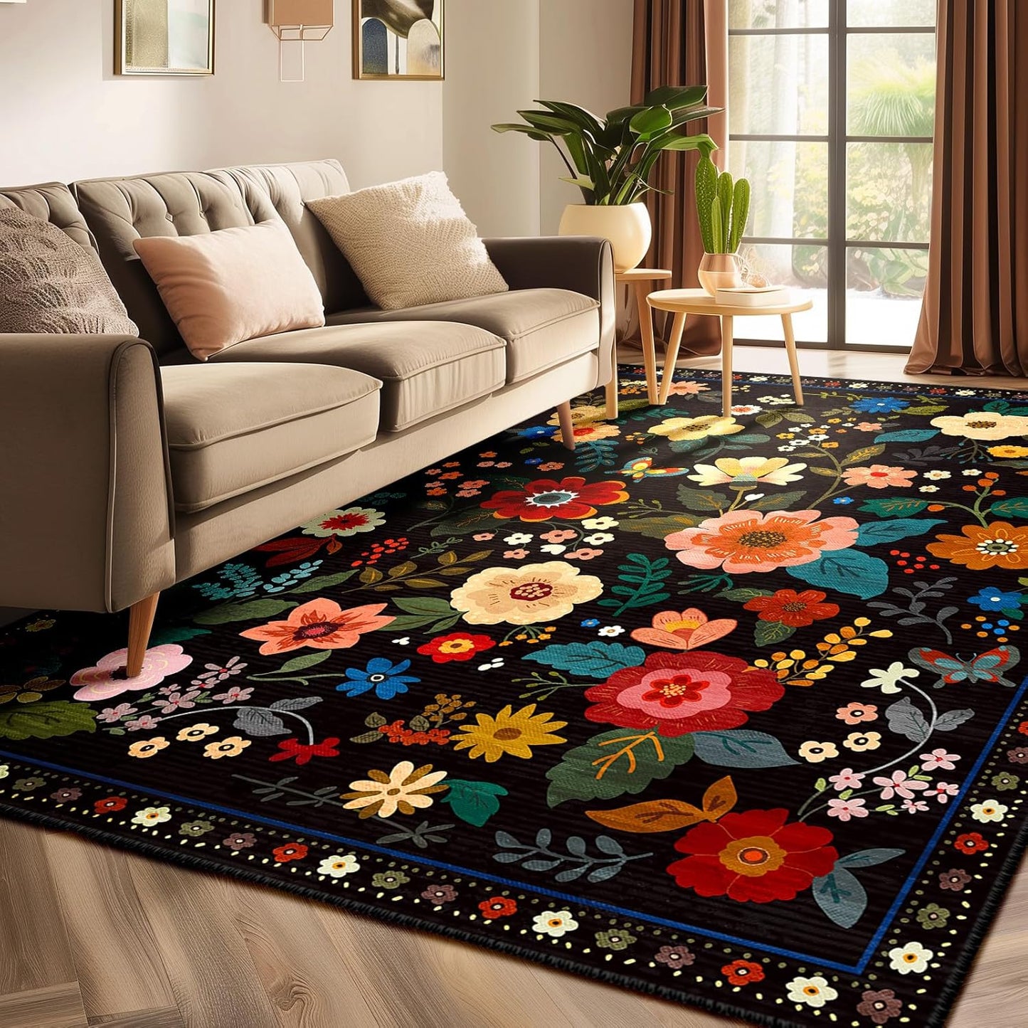 Floral 3x5 Area Rug Machine Washable Soft Print Boho Carpet Non Slip Doormat Low Pile Flower Area Rugs for Living Room Bedroom Nursery Kitchen Dining Room Indoor-Black