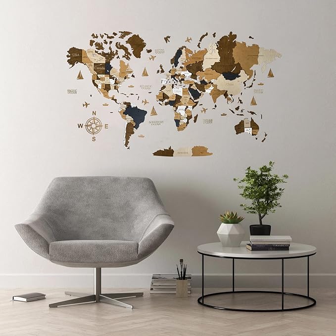 Wooden World Map 3D Art Large Wall Decor - Size (M & L & XL) Any Occasion Gift Idea - Wall Art For Home & Kitchen or Office (COFFEE, 83,86" x 44,49")