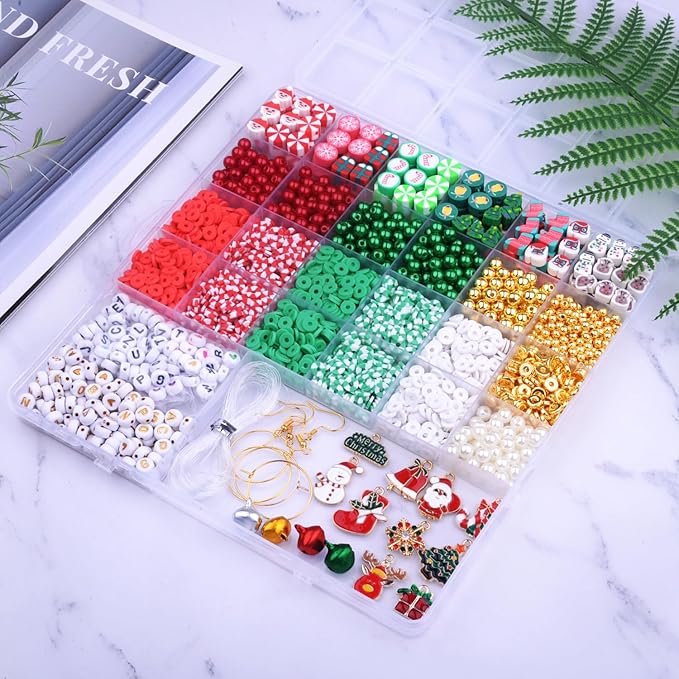 3680pcs Christmas Polymer Clay Beads Charms for Bracelets Making Kit Christmas Tree Snowman Santa Claus Snowflakes Bells Socks elk Friendship DIY Arts Crafts Gifts for Kids Girls