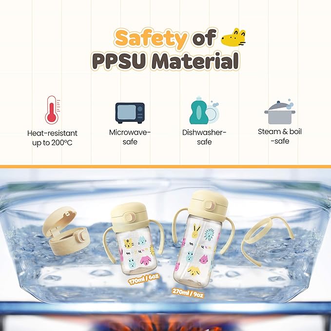 MOYUUM Leak Proof Sippy Cup with Handle | Made in Korea, 100% BPA Free PPSU, Magic No Spill Straw Cup with Attached Flip Top Lid, Easy to Hold for Babies and Toddlers, 9oz Yellow