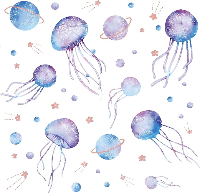 4 Sheets Starry Sky Jellyfish Wall Sticker Glow in The Dark Wall Stickers Planet Blue Luminous Wall Decals DIY Peel Stick Art Decor for Walls Ceiling Kids Bedroom Living Room Nursery Girls and Boys (Blue)