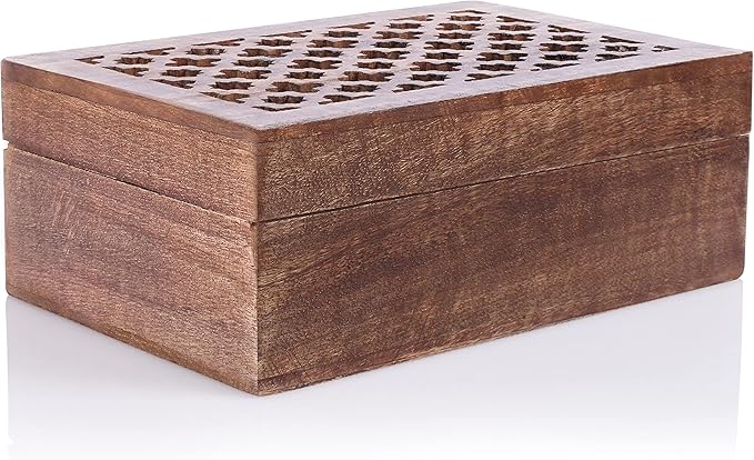 Mela Artisans Wooden Keepsake Box | Medium Polish Mango Wood Memory & Photo Storage Box with Hinged Lid | Decorative Storage Box | Large | 9x6x3.5 Inch
