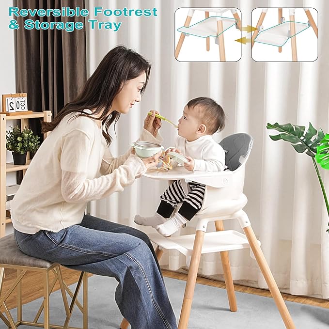 High Chair, 6 in 1 Wooden Convertible High Chairs for Babies and Toddlers, Booster Seat with Double Tray & Reversible Footrest Baby Highchair, 5-Point Harness Baby Feeding Chair, Grey