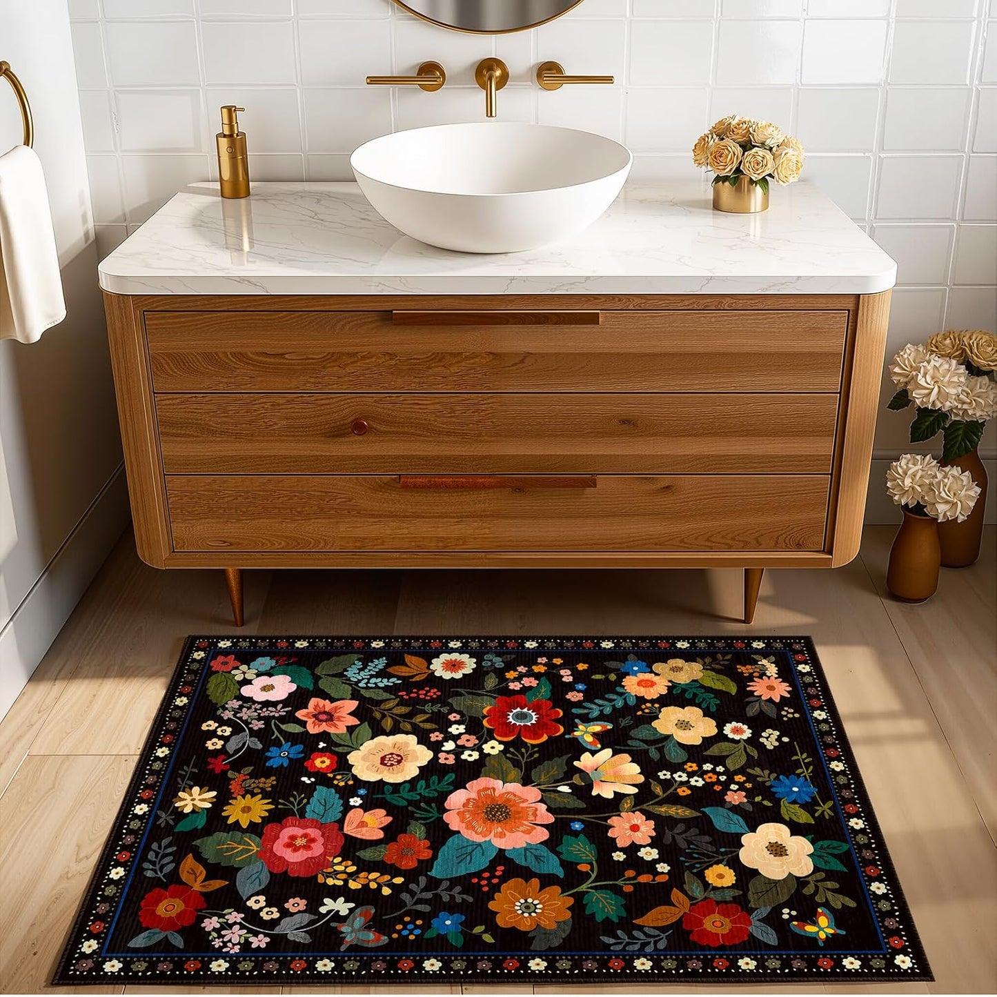 Floral 2x3 Area Rug Machine Washable Soft Print Boho Carpet Non Slip Doormat Low Pile Flower Area Rugs for Living Room Bedroom Nursery Kitchen Dining Room Indoor-Black