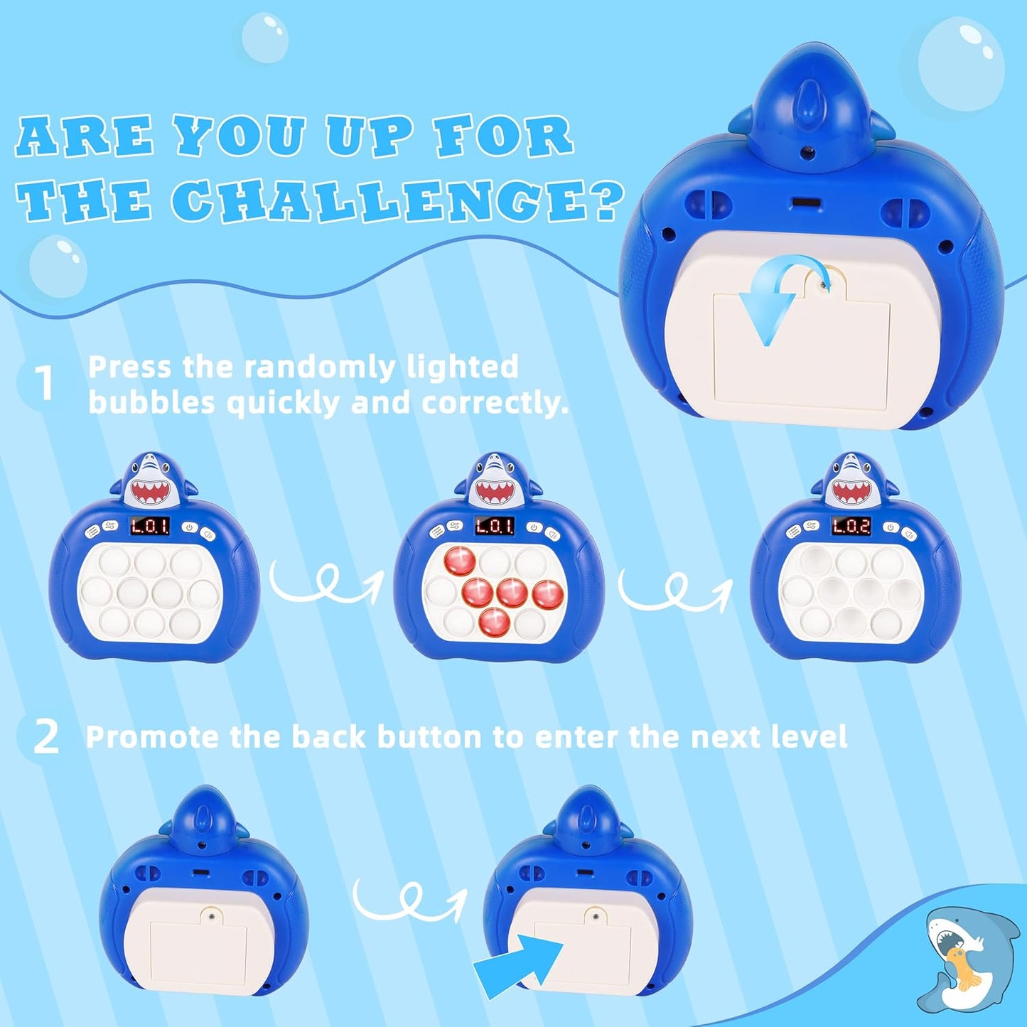 Upgraded Fast Quick Game Pop Bubble Up Toys for Kids, Funny Toys with LED Screen for Kids 3-12 for Girls and Boys Bubble Stress,Handheld Puzzle Game Sensory Toys(Batteries Included) (Shark)