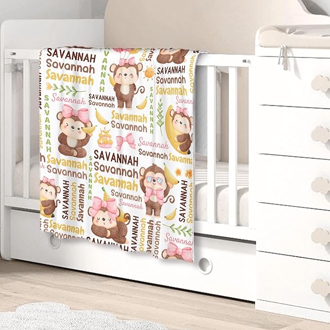 Personalized Baby Blanket for Girls Boys Kids Monkey Custom Baby Blanket with Name Throw Birthday Gift for Toddlers Infants Shower Newborns Nursery Stroller Crib Bed Decor