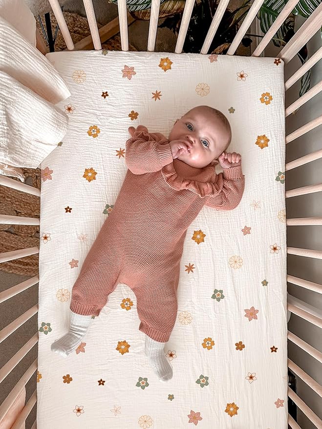 Crib Sheets for Baby Boy Girl 2 Pack, Fitted Crib Mattress Sheet 28" x 52", Muslin Toddler Bedding with Neutral Style, Nursery Bedding Essentials (Sage & Flower-B)