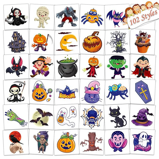 102 PCS Halloween Individually Wrapped Temporary Tattoo for kids - Pumpkin/Ghost/Candy Temporary for Girls Boy Body Arm Shoulder Tattoos Stickers,Halloween Decorations,Party Supplies