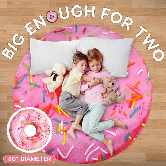 Zulay Giant Double Sided Glazed Donut Blanket - Novelty Round Flannel Donut Blanket for Adults & Kids - Indoors, Outdoors, Travel - 60 Inches