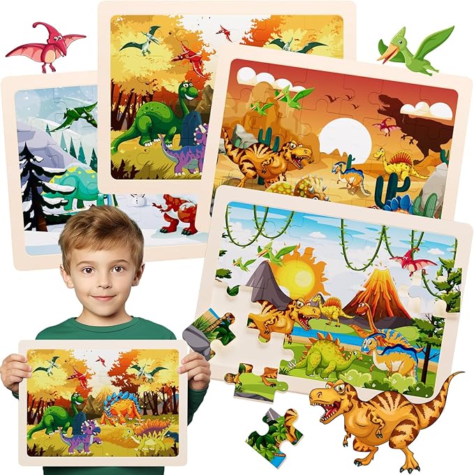 Jigsaw Puzzles Dinosaur Wooden Puzzles for Kids Ages 3-5 Preschool Educational Brain Teaser Boards Toys Four Season Gifts for 3 4 5 6 Year Old Boys Girls 4 Packs 24 Pcs (Dinosaur Theme)