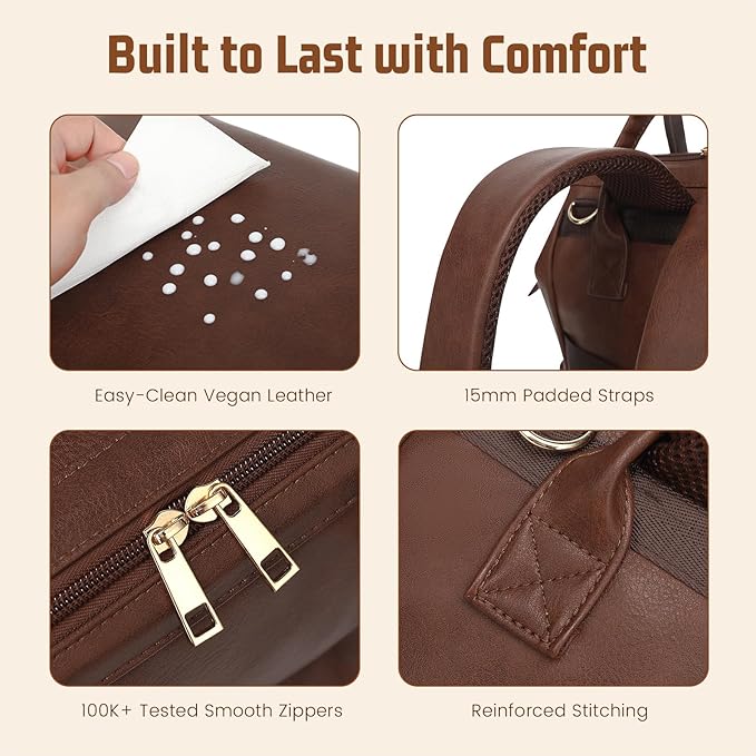 Premium Vegan Leather Diaper Bag Backpack with Waterproof Changing Pad – Reinforced Stitching & Zippers, Baby Bag for Boy Girl, Stroller Straps, Fits 15.6" Laptop for Work Moms, Dark Brown