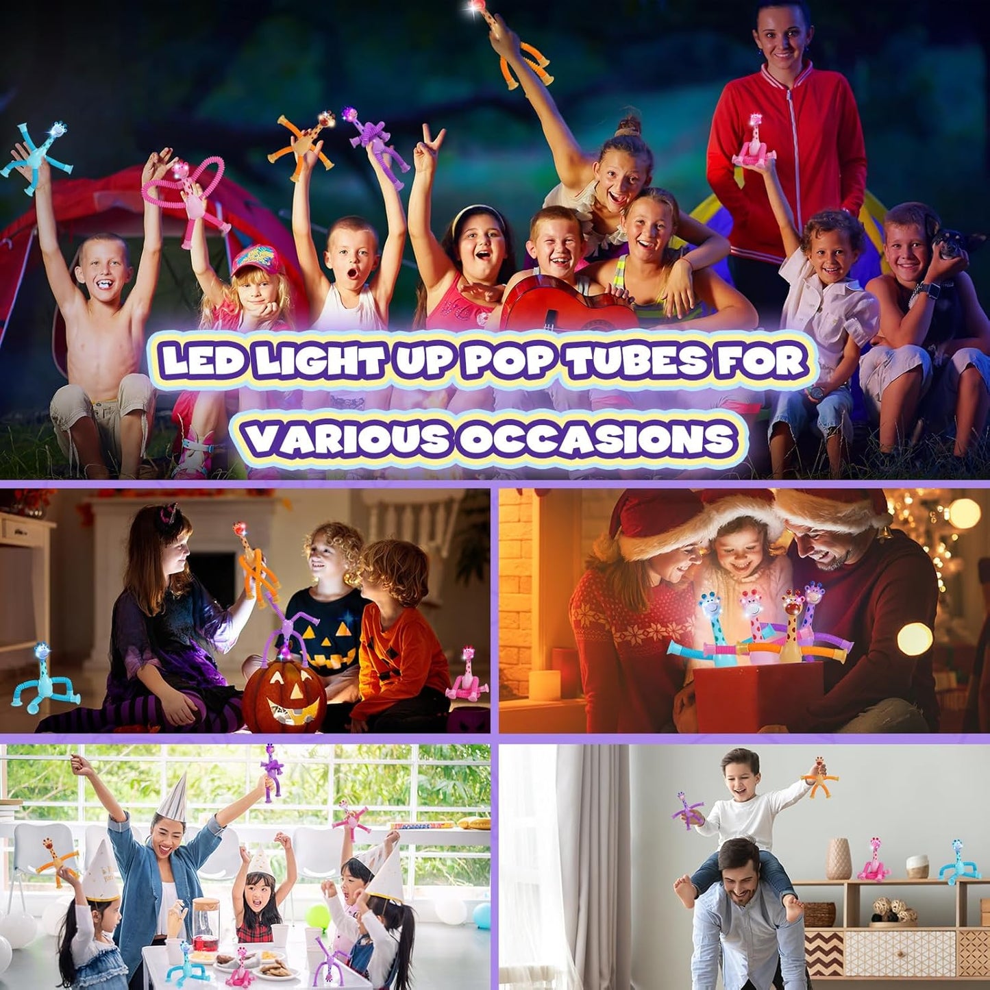 Sensory Fidget Toys for Kids : 4 Pack LED Giraffe Telescopic Pop Tubes 2 3 4 5 6 7 8 Year Old Girls Boys Easter Birthday Gifts Toy for Kid Ages 2-4 Autism Toddler Travel Toy Party Favors