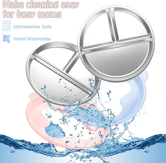 Stainless Steel Kids Plate with Suction Set of 4, 9″ Toddler Divided Plates with Removable Non Slip Silicone Sleeves, Dishwasher Safe Dinnerware, Light Pink, Baby Blue, Avocado Green, Beige