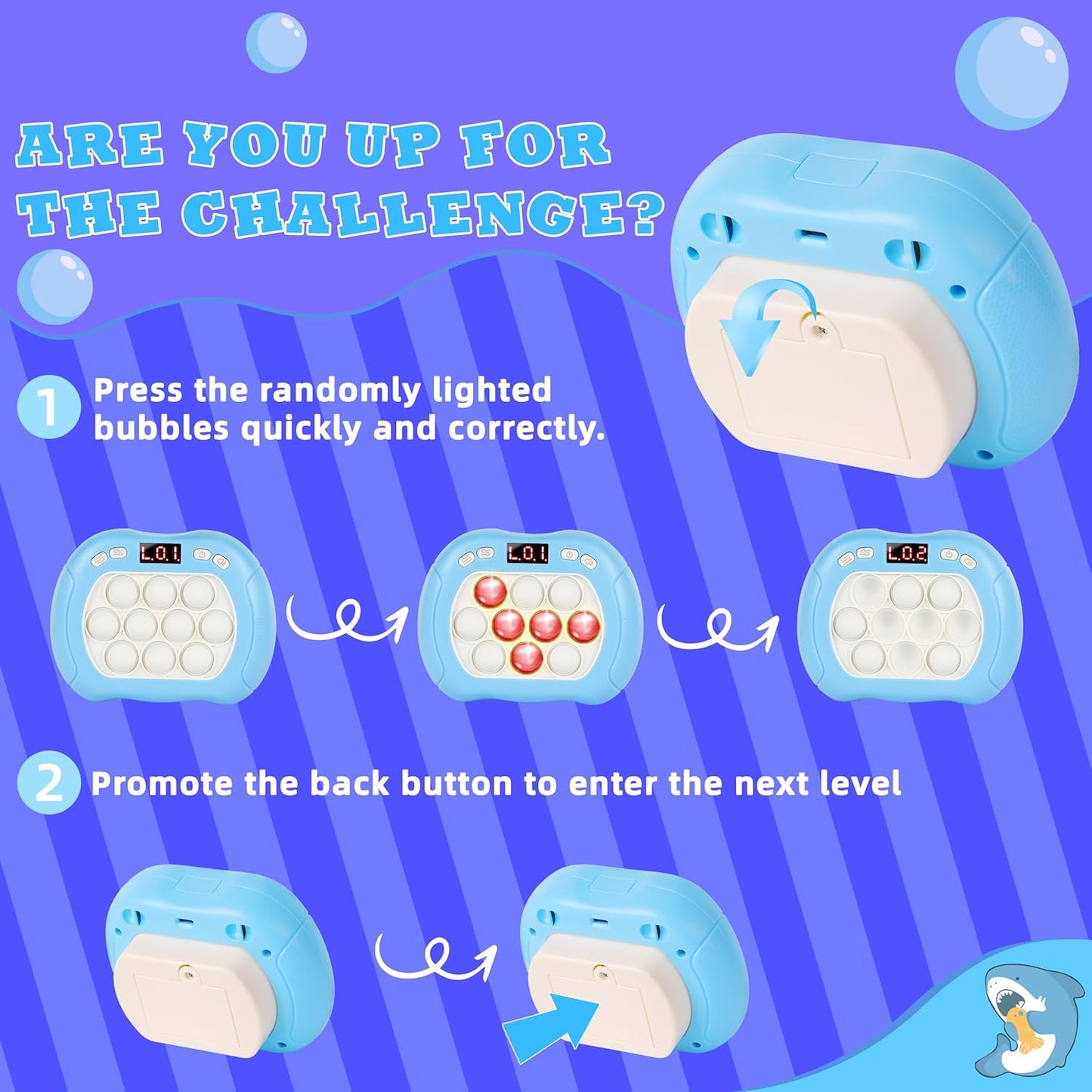 Upgraded Fast Quick Game Pop Bubble Up Toys for Kids, Funny Toys with LED Screen for Kids 3-12 for Girls and Boys Bubble Stress,Handheld Puzzle Game Sensory Toys(Batteries Included) (White-Blue)