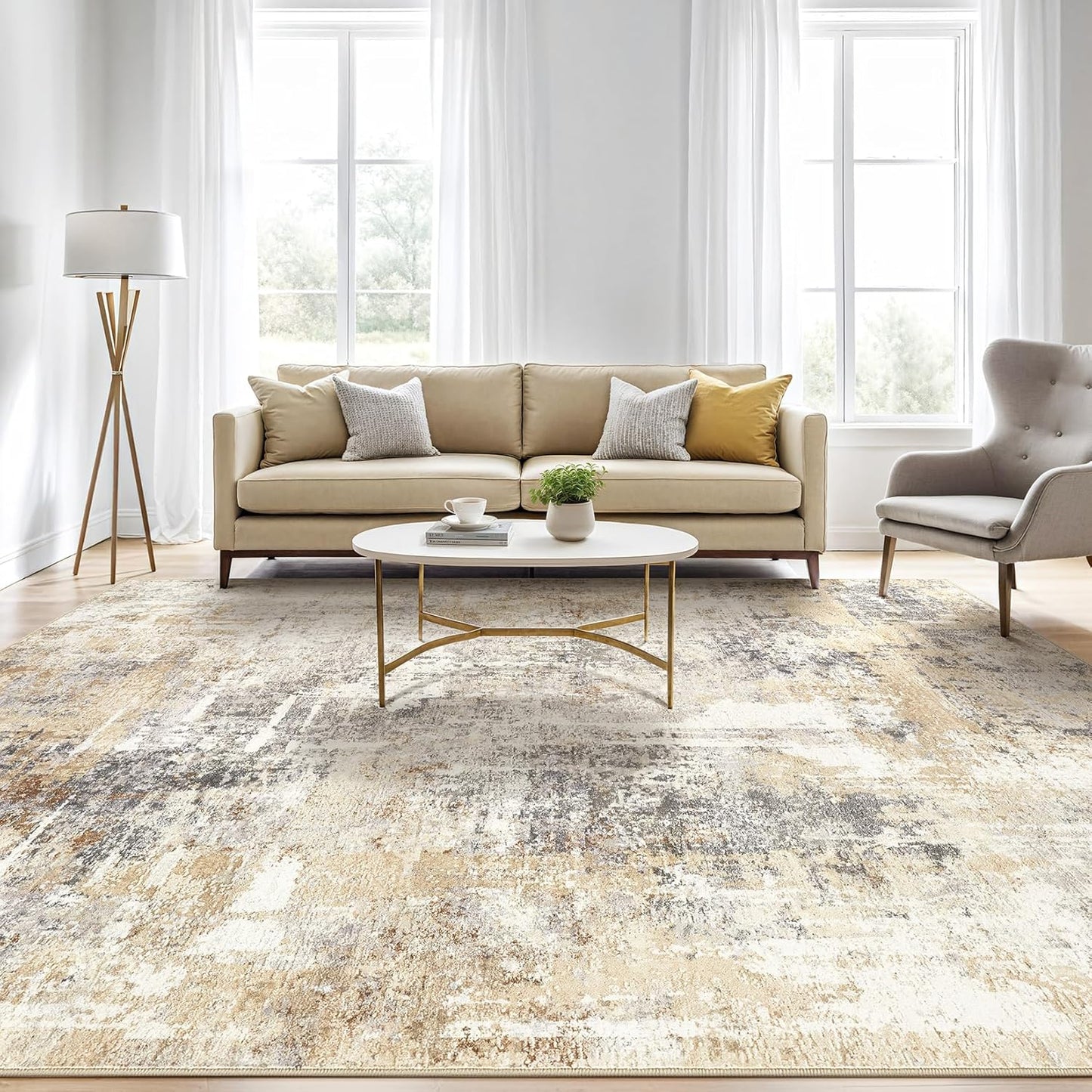 7x9 Area Rug Living Room: Machine Washable Large Abstract Modern Soft Rugs Stain Resistant Indoor Floor Non Slip Accent Carpet for Bedroom Nursery Playroom Office Dining Room Dorm Home- Gray Gold