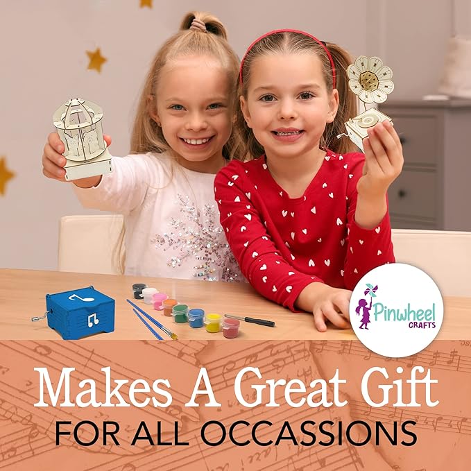 Pinwheel Crafts DIY Wooden Music Box Kit for Kids Age 5+ - Make Your Own Music Box Kit with Carousel, Gramophone and Paints - 3-in-1 Wood STEM Set Gift for Boys and Girls