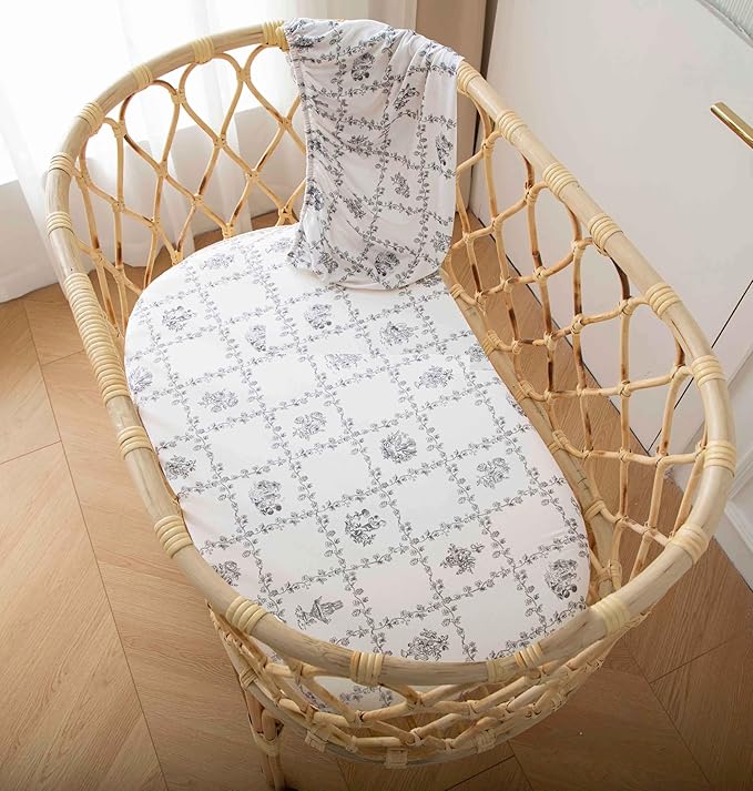 SDY Baby Bassinet Sheets,2pk Cozy Floral Bassinet Fitted Sheets for Baby Boys Girls 32 * 16 * 4 inches, Baby Sheets Fit for Hourglass Oval Cradle, Moses Basket Rectangle Mattress(Floral,Black)