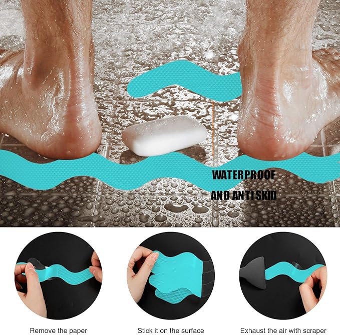 Patented Anti Slip Shower Stickers 24 PCS Safety Bathtub Strips Adhesive Decals with Premium Scraper for Bath Tub Shower Stairs Ladders Boats (Blue)