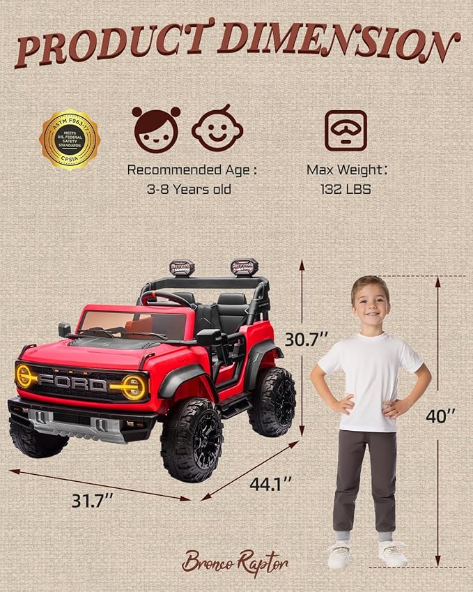 Ford Bronco 24V Ride on Toys for Boys & Girls, 2 Seater Kids Electric Car with Remote Control, Kids Ride on Truck with 4 Wheels Suspension, Led Lights, Safety Belt (24V, Red)
