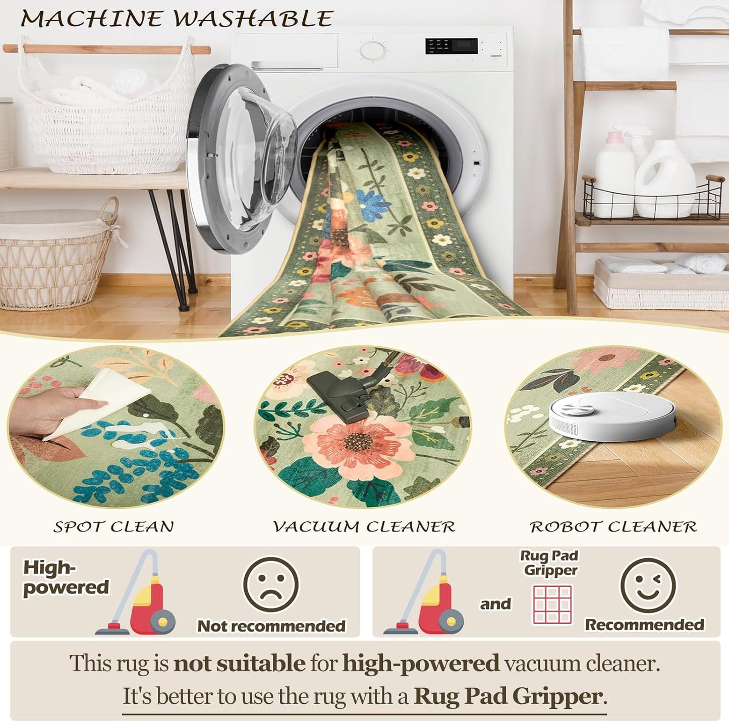 Floral 9x12 Area Rug Machine Washable Soft Print Boho Carpet Non Slip Doormat Low Pile Flower Area Rugs for Living Room Bedroom Nursery Kitchen Dining Room Indoor-Light Green