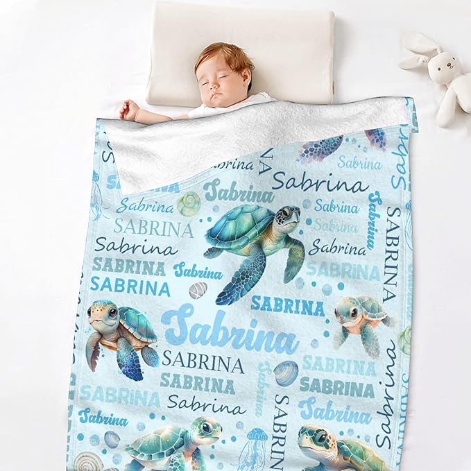 Personalized Baby Blanket for Girls Boys Kids Sea Turtle Custom Baby Blanket with Name Throw Birthday Gift for Toddlers Infants Shower Newborns Nursery Stroller Crib Bed Decor