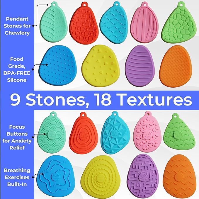 19pc Chewy Sensory Stones Calming Kit w/Calm Strips for Anxiety Relief Items, Chewelry Sensory Toys for Kids with Autism Classroom Must Haves, Worry Stones Fidgets for Classroom