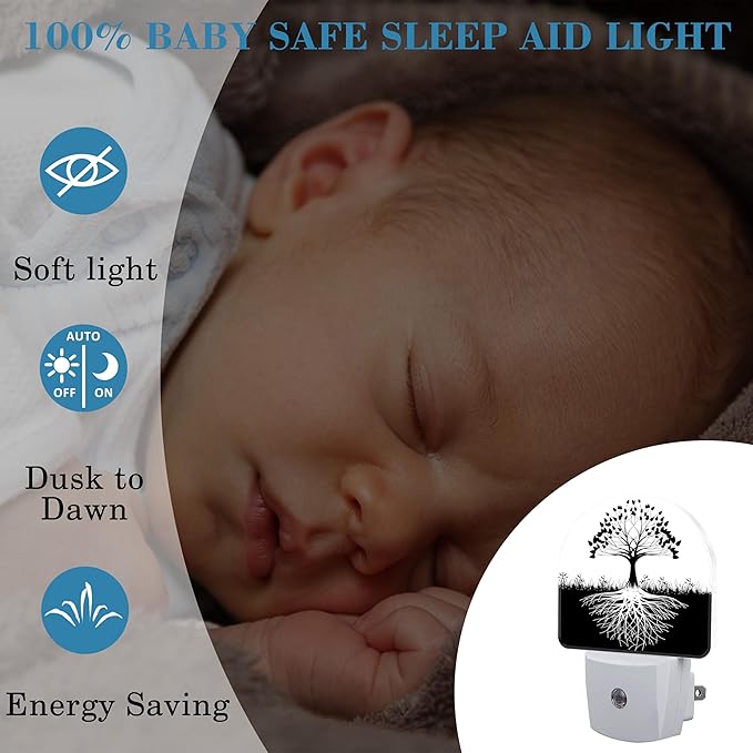 Plug in Night Lights Black and White Tree of Life Nightlight Plug Into Wall Dusk to Dawn Sensor LED Night Light for Kid Girls Boys Women Decor, Hallway, Kitchen, Bathroom, Nursery, Stairs