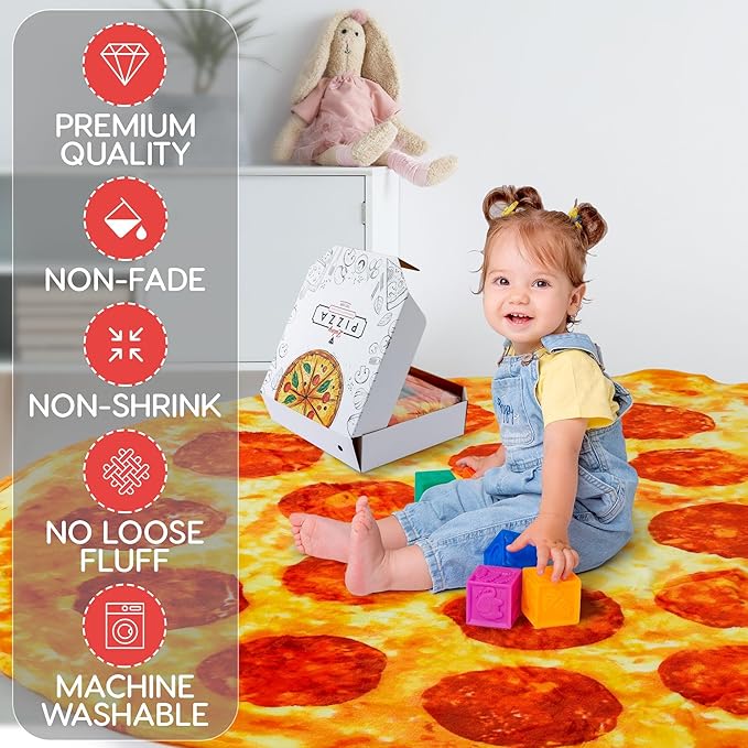 Zulay Giant Double Sided Pepperoni Pizza with Pizza Box Gift Packaging - Novelty Blanket for Adults & Kids - Soft Flannel Round Pepperoni Blanket for Indoors, Outdoors, Travel, Home - 60 Inches