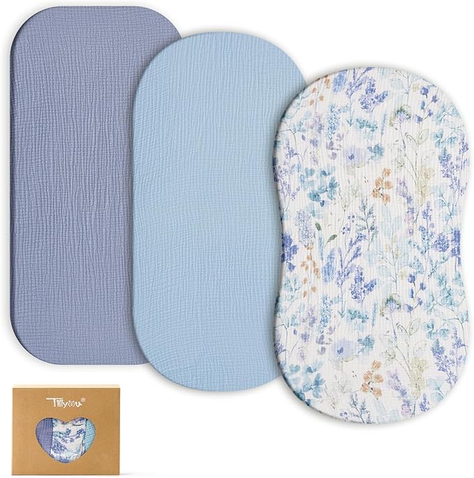 TILLYOU Muslin Bassinet Sheets for Baby Boys Girls 3 Pack, Soft Breathable Elastic Cotton Bassinet Mattress Sheets, Fit Hourglass Oval Rectangle Cradle Mattress, 33"X17",Blue Flower