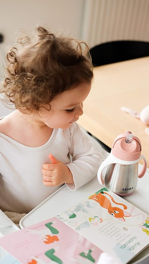 BEABA Stainless Steel Straw Sippy Cup, Insulated Toddler Cups Spill Proof with Removable Handles, Made with High Grade Stainless Steel, 8+ months, 8.5 oz, Rose