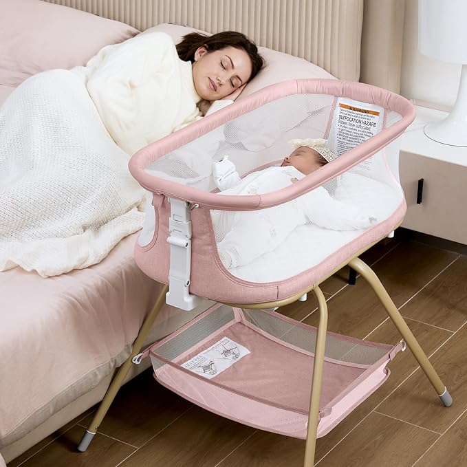 ANGELBLISS 3 in 1 Baby Bassinet, Rocking Bassinets Bedside Sleeper with Calming Motion, Portable Nest for Newborn Infant, Breathable Mesh (Pink)