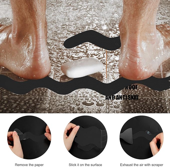 Patented Anti Slip Shower Stickers 24 PCS Safety Bathtub Strips Adhesive Decals with Premium Scraper for Bath Tub Shower Stairs Ladders Boats (Black)