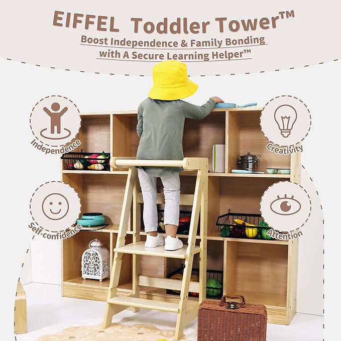 Damoch Family® Adjustable Wooden Learning Helper and Kitchen Tower for Kids - Montessori-Inspired Toddler Tower and Stool for Safe Participation in Kitchen Activities