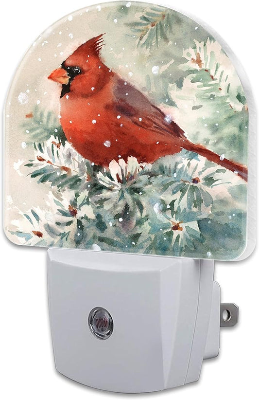 Winter Cardinal Pine Tree Night Light, Christmas Snow Red Cardinal Dusk to Dawn Night Light Plug in,0.5w Energy Saving Sleep Friendly NightLight for Kids Boys Girls Home Decor