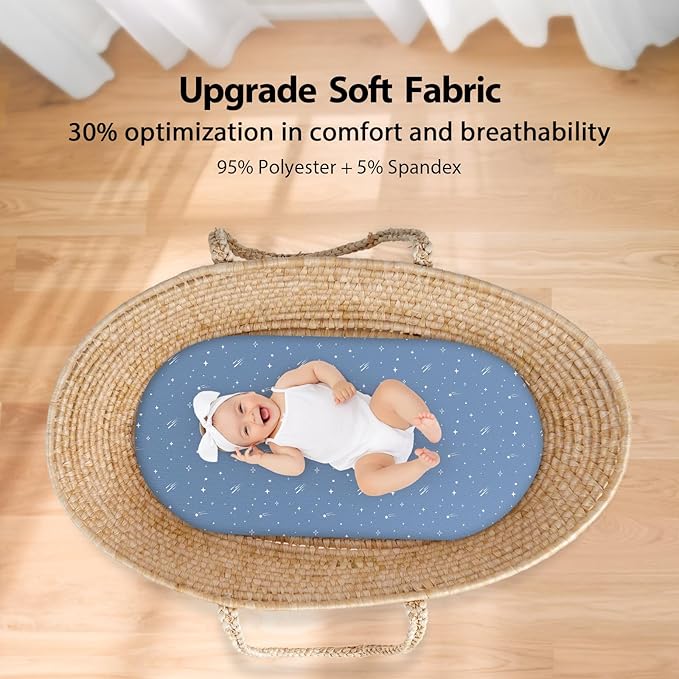 Baby Bassinet Sheets Girl Boy, Fitted Bassinet Sheet Set 3 Pack Bassinet Mattress Sheets Universal Fit for Rectangle, Round, Oval, Hourglass Mattress, Soft Breathable Blue Gray Planet