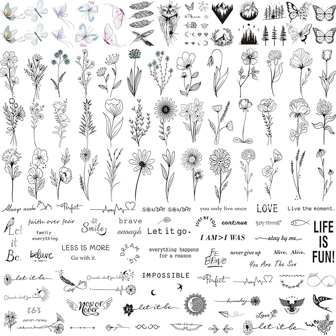 100 Sheets Realistic Temporary Tattoos, 240+ Pcs Multicolor Modern Floral & Inspirational Words Tattoos, Waterproof, 3+ Kids