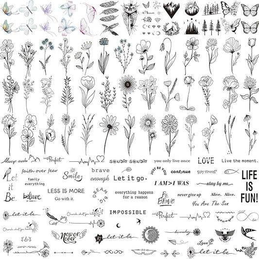 100 Sheets Realistic Temporary Tattoos, 240+ Pcs Multicolor Modern Floral & Inspirational Words Tattoos, Waterproof, 3+ Kids